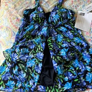 A Shore Fit Mesh Flyaway Swimdress Black Floral 12 NWT